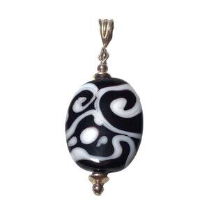 Black & White Swirl Glass Pendant With Silver Accents